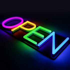 Rainbow Open Neon Sign 20inx7in LED Colorful Open Sign w/Remote Controller, Multicolor Light Sign for Business, w/Hanging Chain for Shop Windows, Direct Plug-In w/ 12V Adapter