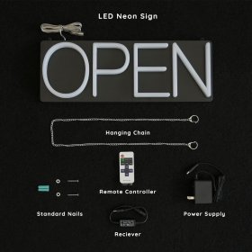 Rainbow Open Neon Sign 20inx7in LED Colorful Open Sign w/Remote Controller, Multicolor Light Sign for Business, w/Hanging Chain for Shop Windows, Direct Plug-In w/ 12V Adapter