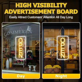 Neon Open Sign 16''x9'', Super Bright LED Open Signs for Business, Adjustable Brightness Open Sign Powered by USB with ON/OFF Switch, for Party Club Hotel Window Wall Store (White&Yellow, Vertical)