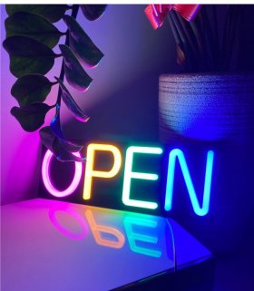 Rainbow Open Neon Sign 20inx7in LED Colorful Open Sign w/Remote Controller, Multicolor Light Sign for Business, w/Hanging Chain for Shop Windows, Direct Plug-In w/ 12V Adapter