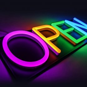 Rainbow Open Neon Sign 20inx7in LED Colorful Open Sign w/Remote Controller, Multicolor Light Sign for Business, w/Hanging Chain for Shop Windows, Direct Plug-In w/ 12V Adapter