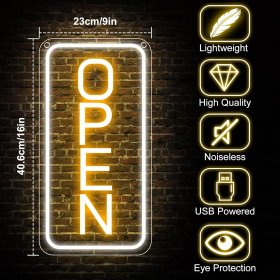 Neon Open Sign 16''x9'', Super Bright LED Open Signs for Business, Adjustable Brightness Open Sign Powered by USB with ON/OFF Switch, for Party Club Hotel Window Wall Store (White&Yellow, Vertical)